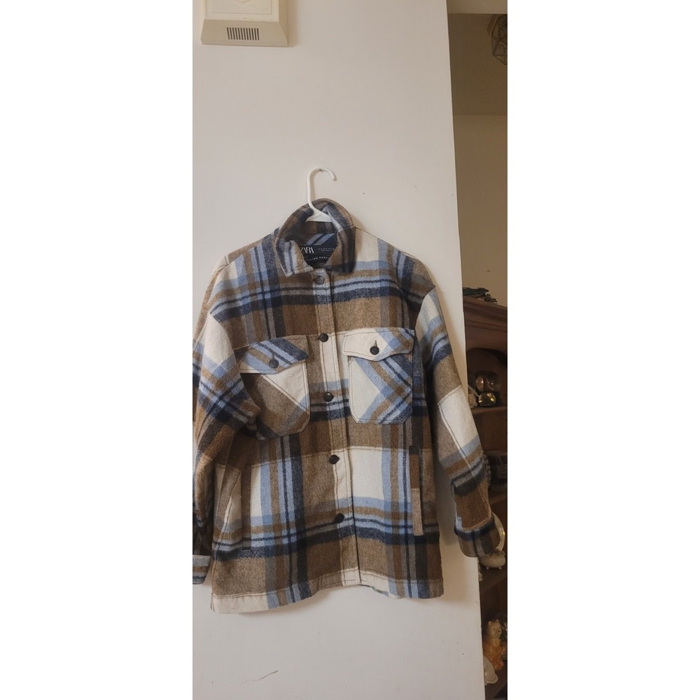 ZARA Beige Shirt Jacket size Xs Womens Checked Italian Fabirc Overshirt Flannel